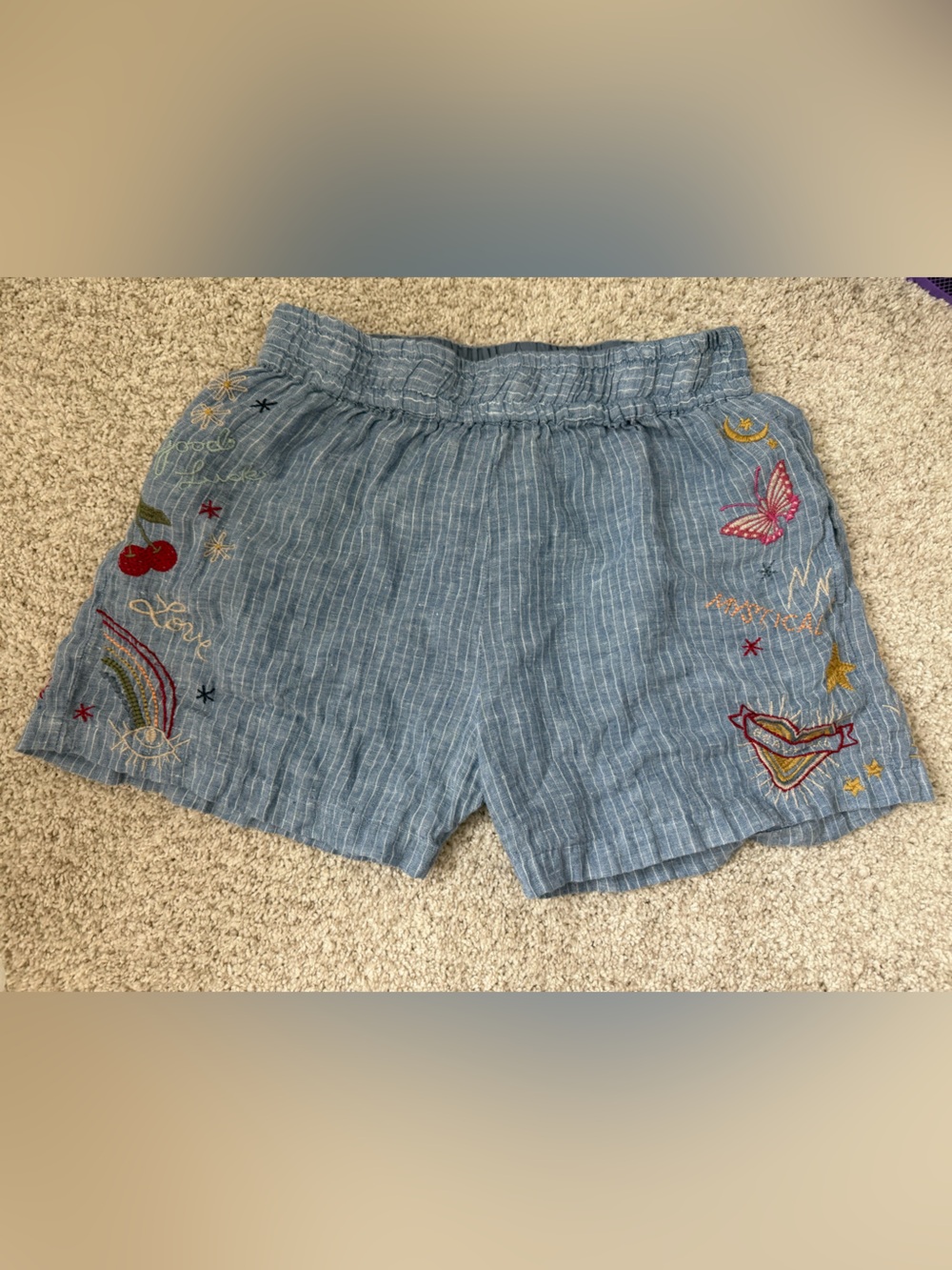 Johnny Was Light Blue Embroidered Linen-Blend Shorts Sz Small ~READ~